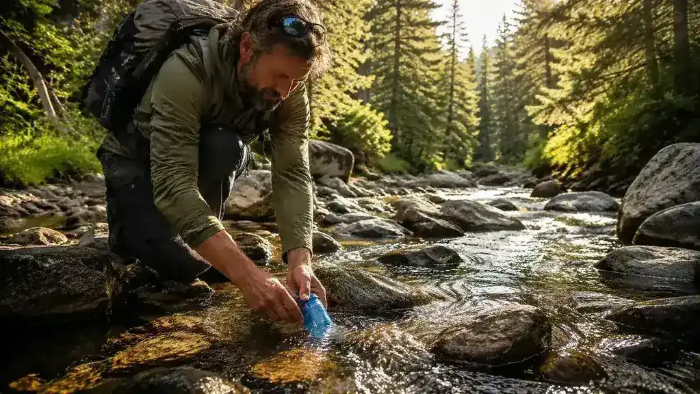 Sawyer Mini water filter clipped to a pack near a mountain stream